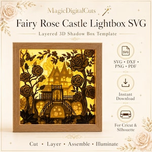 Peut inclure: Une boîte à ombre 3D superposée encadrée avec un motif de château de roses féériques. L'œuvre d'art, avec une lueur jaune chaude, comprend un château, un pont, des roses et des papillons. Le texte indique "Fairy Rose Castle Lightbox SVG".