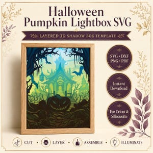 Könnte beinhalten: Gerahmte Halloween-Themenvorlage für eine 3D-Schattenbox. Das Kunstwerk zeigt ein gruseliges Spukhaus, Fledermäuse und einen Kürbis. Der Text lautet "Halloween Pumpkin Lightbox SVG" und "Layered 3D Shadow Box Template". Enthält SVG-, DXF-, PNG- und PDF-Formate.