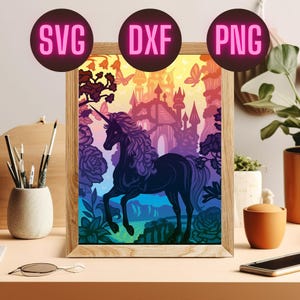 Licorne Féerique light box paper cut- Fichiers Digitaux svg & dxf pour Cricut et Silhouette - Décoration diy Magique