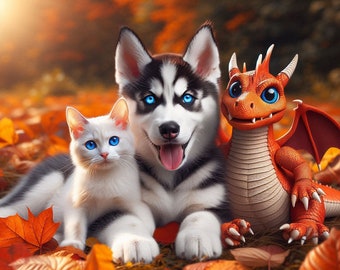 Op de afbeelding: Een zwart-witte husky puppy met blauwe ogen zit met een wit kitten met blauwe ogen en een kleine rode draak met blauwe ogen. Alle drie de dieren zitten op een bed van herfstbladeren.