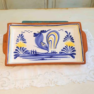 Rooster Handpainted Redware Portuguese Pottery Serving Tray- Vintage Barcelos Rooster Design