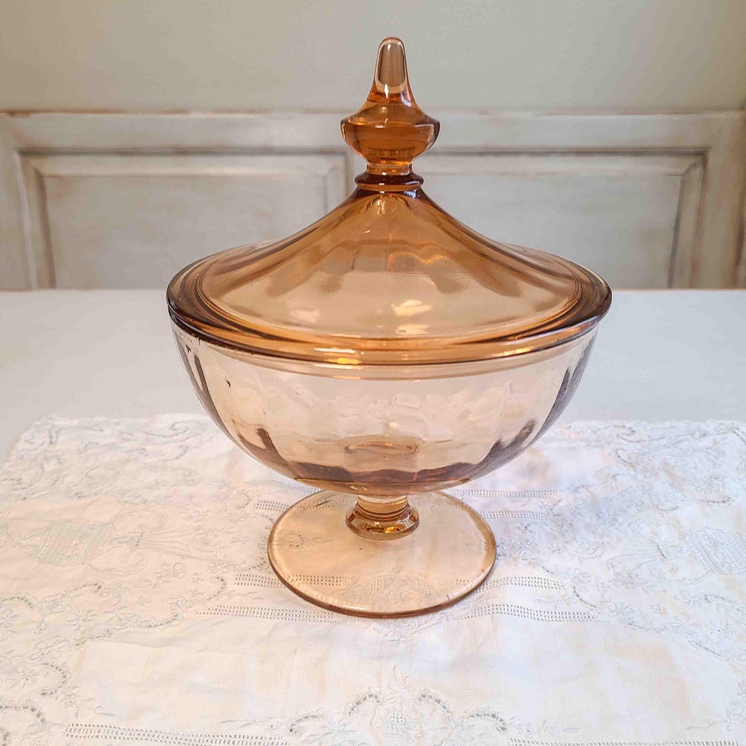 Peach Amber Vintage Covered Candy Dish-art Deco, Finial Handle Pedestal