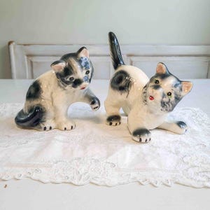 Set of Two Playful Porcelain Cat Figurines- Gray and White Hand-Painted- Vintage