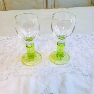 Set of Two Green Footed Stem Cordial Glasses - Vintage Made in Italy