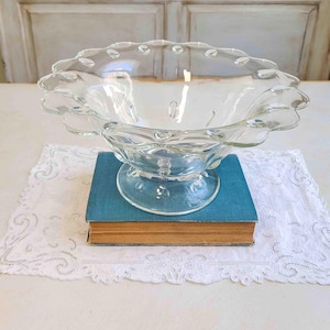 Vintage Indiana Glass Teardrop Pedestal Bowl - Scalloped Edge- Clear Pressed Glass