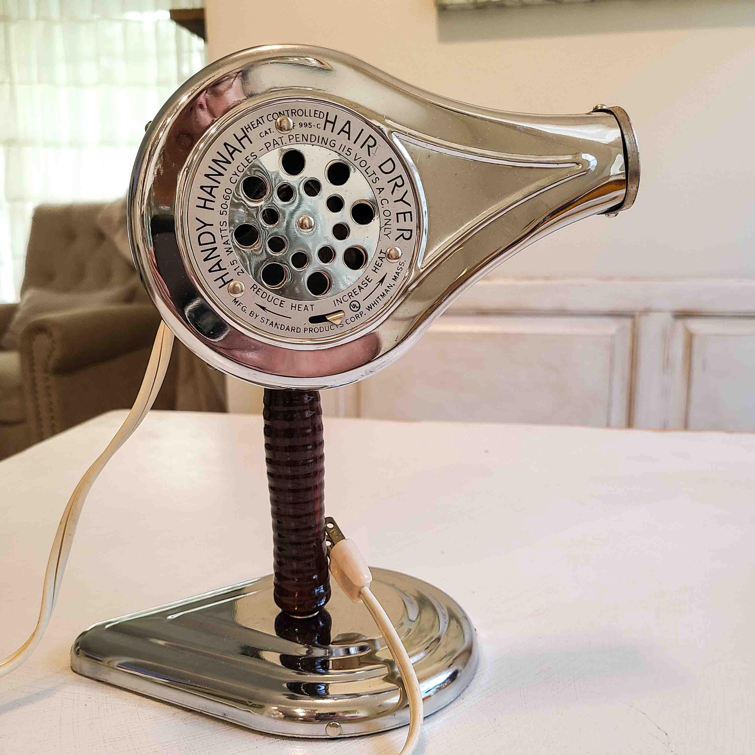 1950s Handy Hannah electric hair dryer with bonnet attachment and stand. Works
