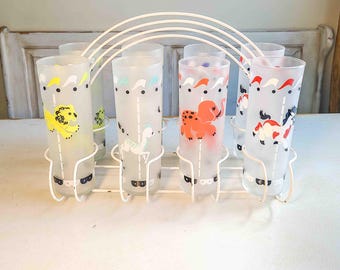 Vintage Libbey Merry-Go-Round Animal Glasses & Caddy Set of 8- MCM