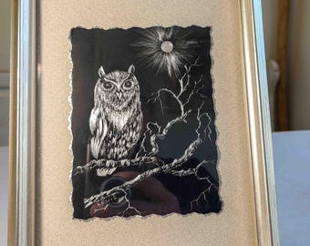 Metallic Framed Owl Engraving - Night Owl by Irmengard Lewis
