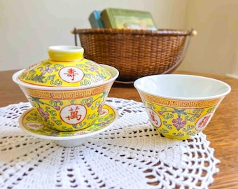 Vintage Chinese Yellow Famille Rose Gaiwan Lidded Cup and Saucer + Bonus Cup