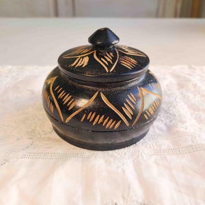 Decorative Round Wooden Black Painted Carved Box, Hand made, Vintage