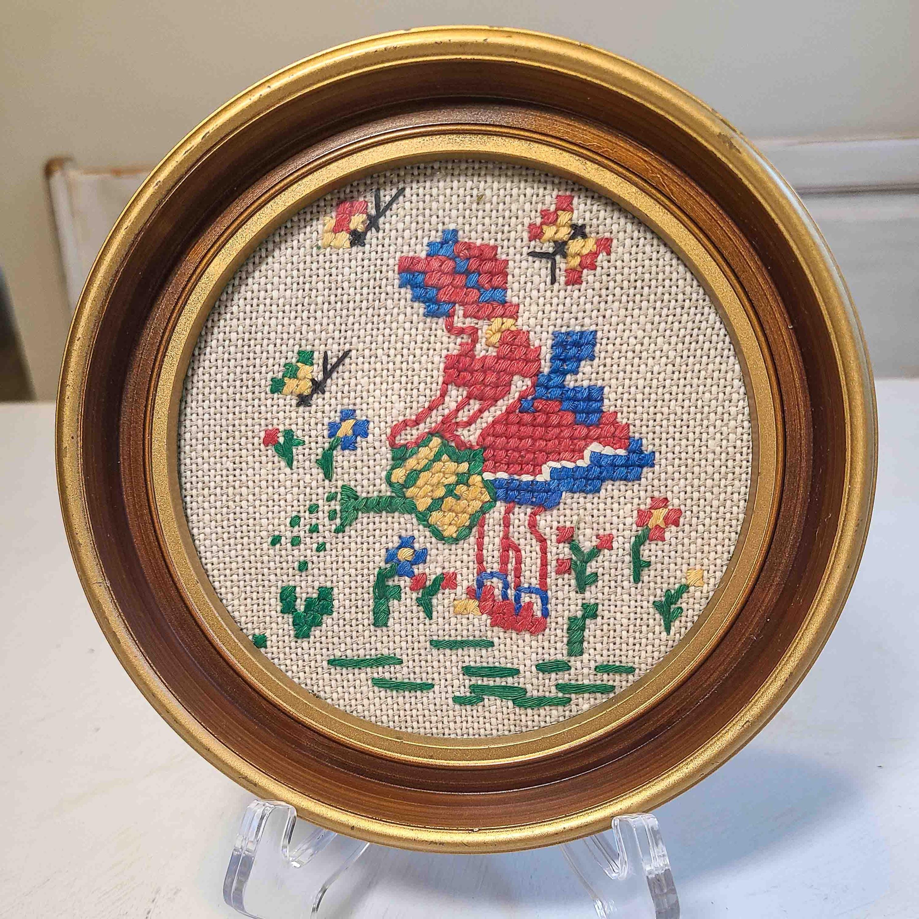Vintage Hand Made Needlepoint, Girl in Garden with Watering Can- Round Gold Frame