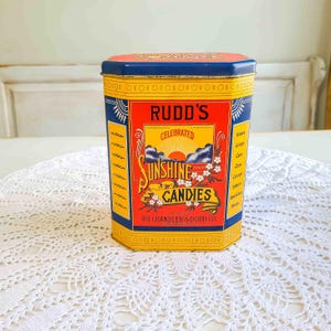 Vintage Rudd&#39;s Sunshine Candies Tin with Hinged Lid- Reproduction