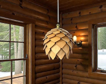 Handgefertigte Holz Pinecone Lampe Holz Pendelleuchte für Japandi Scandinavian Country Interiors Holz Kronleuchter für Küche Wohnzimmer, Esszimmer