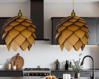 Natural Wood Pinecone Pendant Lamp | Handmade Colorless Wooden Ceiling Light | Japandi Scandinavian Rustic Country Lighting Wood chandelier