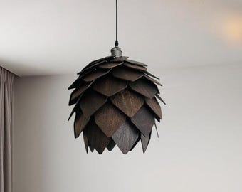 Scandinavian Pendant Lamp Walnut | Japandi  Wooden Pinecone Light in Two Sizes | Rustic Handmade Ceiling Lighting Country Style Chadnelier