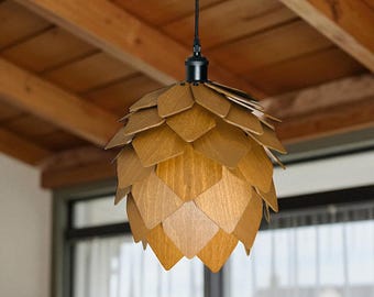 Wooden Pendant Light – Pinecone Chandelier, Handmade Beech Lampshade for Dining Room & Modern Japandi Interiors Scandinavian Chandelier