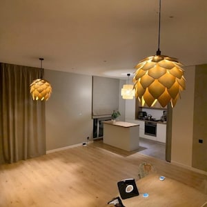 Puede incluir: Tres l&aacute;mparas colgantes modernas iluminan una habitaci&oacute;n espaciosa. La l&aacute;mpara m&aacute;s grande, que se asemeja a una pi&ntilde;a estilizada, cuelga de forma prominente. La habitaci&oacute;n cuenta con suelos de madera clara, paredes neutras y una vista de una cocina.