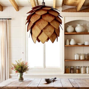 Handcrafted Oak Color Pine Cone Lamp: Rustic Farmhouse Lighting