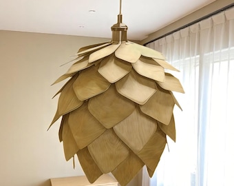 Lámpara colgante de madera hecha a mano / Pantalla de piña, decoración rústica japonesa / Iluminación de madera de haya para comedor, dormitorio, pantallas de madera