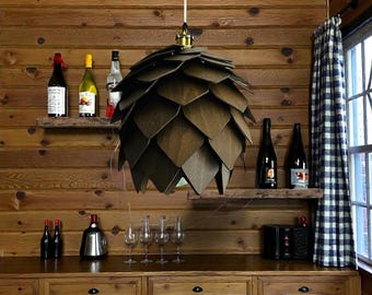 Rustikaler Holz Kronleuchter Anhänger Tannenzapfen Holz Lampenschirm | Japandi Deckenleuchte Leuchte Scandinavian Wood lamshade für Schlafzimmer, Esszimmer