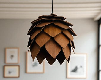 Pendelleuchte 14 Zoll skandinavisch Japandi | Dunkle Eiche Holz Deckenleuchte Tannenzapfen | Rustikalen Landhausstil Handgemachte Beleuchtung Nordischen Stil
