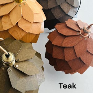 Puede incluir: Cuatro l&aacute;mparas colgantes de madera en varios colores: incoloro, nogal, teca y caqui. Cada l&aacute;mpara tiene un dise&ntilde;o &uacute;nico en forma de p&eacute;talo y un accesorio de lat&oacute;n o cobre. Tambi&eacute;n se ve el texto "Otro color disponible".