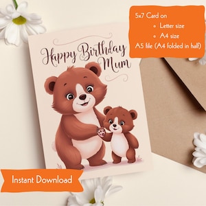 Geburtstagskarte für Mama, niedlichen Bären Design, Sofort Download, 5x7 A5 A4 Letter Format