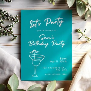 Convite de aniversário azul-petróleo, modelo de coquetel rústico do Canva, convite digital editável para festa
