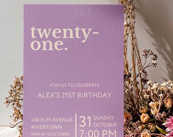 Lilac Purple 21st Birthday Invitation: Minimalist Canva Template (Digital Download)