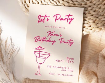 Cocktail Birthday Invitation, Editable Pink Party Invite, Canva Digital Invitation Template