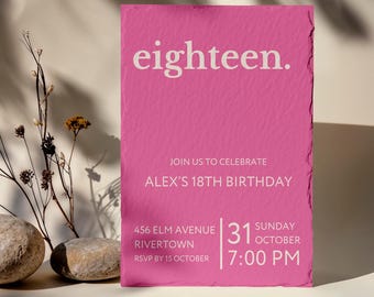 Modern Candy Pink 18th Birthday Invitation: Minimalist Template (Digital Download)