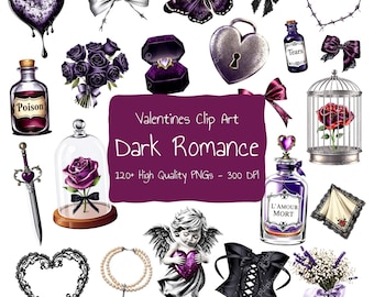 Dark Romance Clip Art, Gothic PNG Bundle, Purple & Black Love Graphics