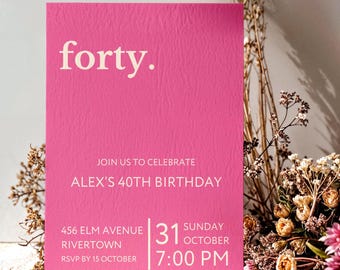 40th Birthday Invitation Pink, Digital Download, Editable Canva Template for Print & Mobile