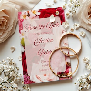 Floral ‘Save the Date’ Wedding Invitation, Romantic Rose Wedding Template Download