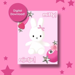 Arte digital original de Miffy para pared, descarga digital imprimible, linda decoración de pared conejita Miffy con estética rosa / por CupidArrowCustoms