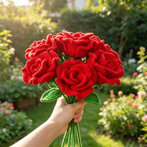 Könnte beinhalten: Ein Strauß aus sechs gehäkelten roten Rosen mit grünen gehäkelten Blättern und Stielen. Die Blumen bestehen aus geschichteten, strukturierten Blütenblättern aus Garn, die in einem Bündel angeordnet sind. Die Stiele sind lang und dünn.