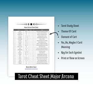 Aide-mémoire pour le tarot des arcanes majeurs - Guide de 2 pages avec signification des cartes, astrologie, éléments, réponses oui/non, fichiers PDF et JPG pour une utilisation numérique ou imprimée