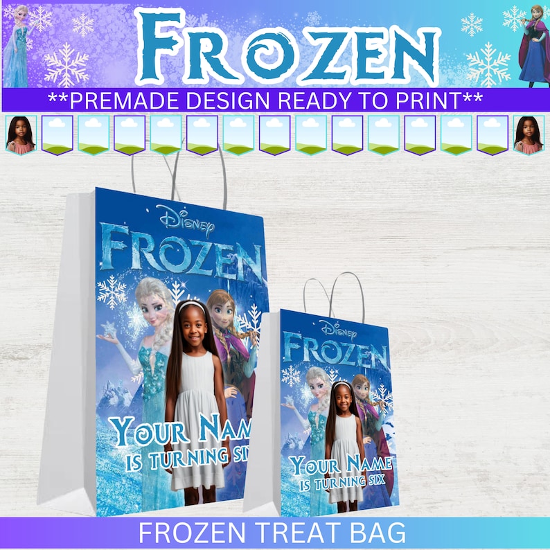 Puede incluir: Dos bolsas de papel blancas para golosinas con el tema de Disney Frozen. Las bolsas presentan el t&iacute;tulo de la pel&iacute;cula, personajes y el texto "YOUR NAME IS TURNING SIX". Las bolsas tienen asas blancas y un fondo azul.