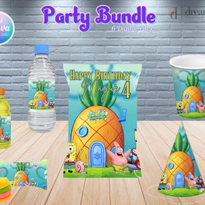 May include: A party bundle featuring SpongeBob SquarePants characters. The bundle includes a water bottle label, a juice box label, a favor bag label, a party cup, a party hat, and a favor bag. The labels and party supplies feature a pineapple house with SpongeBob, Patrick, and Squidward.