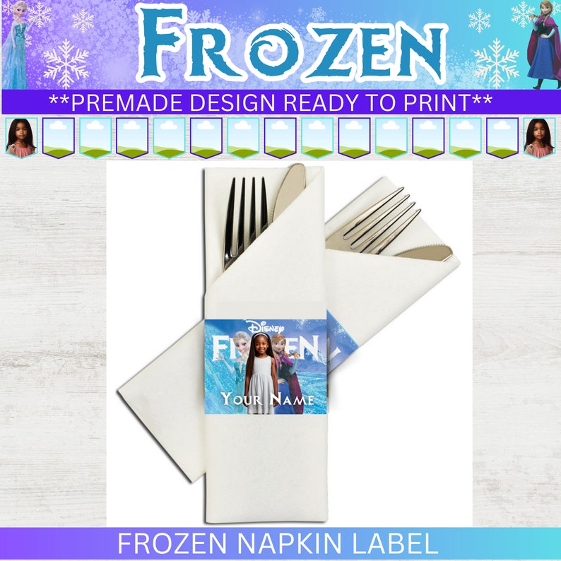 May include: A white napkin with a blue and white Frozen themed label. The label features the Disney logo, the words "Frozen" and "Your Name".