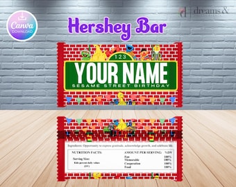 May include: A printable Sesame Street birthday party Hershey's chocolate bar wrapper with a red brick background and the text "YOUR NAME SESAME STREET BIRTHDAY".