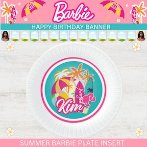 May include: A white paper plate with a pink border and a colorful design featuring a surfboard, palm trees, a beach ball, and the text "Kim" and "Surf".