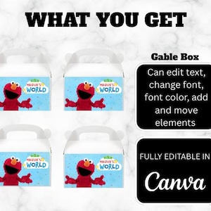 May include: Four white gable boxes with blue panels featuring a red cartoon character and the text "MAIZUR'S WORLD". The boxes have white handles. Text on the image reads "WHAT YOU GET", "Gable Box", and "FULLY EDITABLE IN Canva".