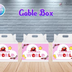 May include: Three white gable boxes with a pink and white striped design. Each box features a cartoon character, stars, crayons, and the words "Journee's WORLD". The boxes are on a wooden surface.