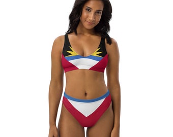 Antigua Queen Caribbean Island Girl Recycled 2-piece Bikini Swimsuit - Island Life, Antigua Flag Antiguan Pride high-waisted Bathing Suit