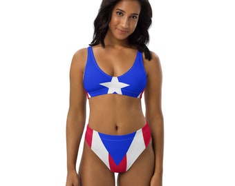 Boriqua Babe Caribbean Island Girl Recycled 2-piece swimsuit Island Life Puerto Rico Flag Puerto Rican Pride high-waisted Bathing Suit