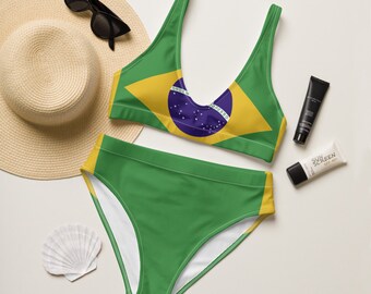 Brasil Babe South American Girl Recycled 2-piece swimsuit Latin Life Brazil Flag Brazilian Pride high-waisted Bathing Suit