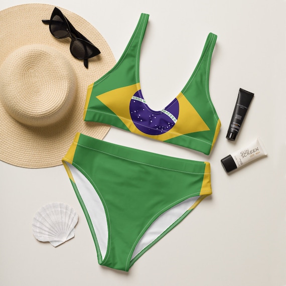 Brasil Babe South American Girl Recycled 2 piece Swimsuit Latin Life Brazil Flag Brazilian Pride High waisted Bathing Suit Etsy