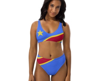 Congo Queen Africa Diaspora Girl Recycled 2-piece swimsuit AfricanLife Democratic Republic Congo Flag DRC Pride high-waisted Bathing Suit