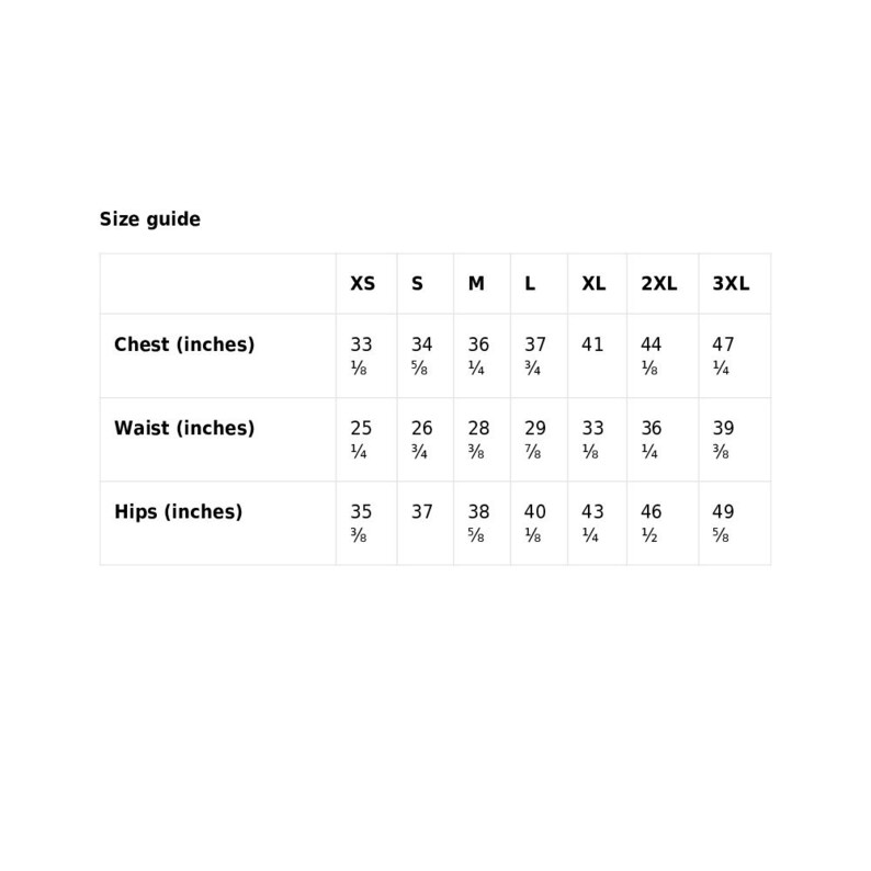 Puede incluir: Tabla de tallas para ropa con medidas en pulgadas. La tabla muestra tallas desde XS hasta 3XL con medidas para pecho, cintura y caderas.